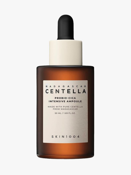 SKIN1004 Madagascar Centella Probio-Cica Intensive Ampoule brown serum bottle with beige and black dropper cap on light gray background