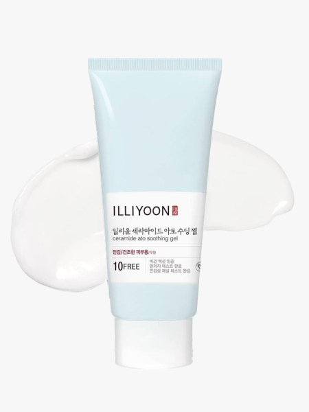 A blue tube of Illiyoon Ceramide Ato Soothing Gel with a white gel product swatch on a light gray background