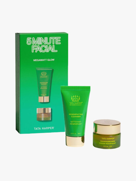 Tata Harper 5-Minute Facial in branded components on a light gray background